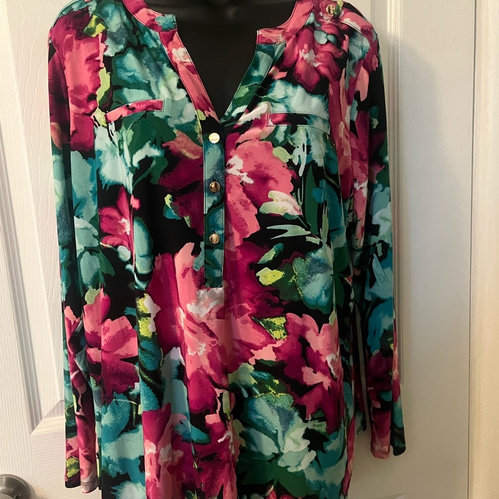 INC International Concepts Floral Blouse - Pink, Green, Black
